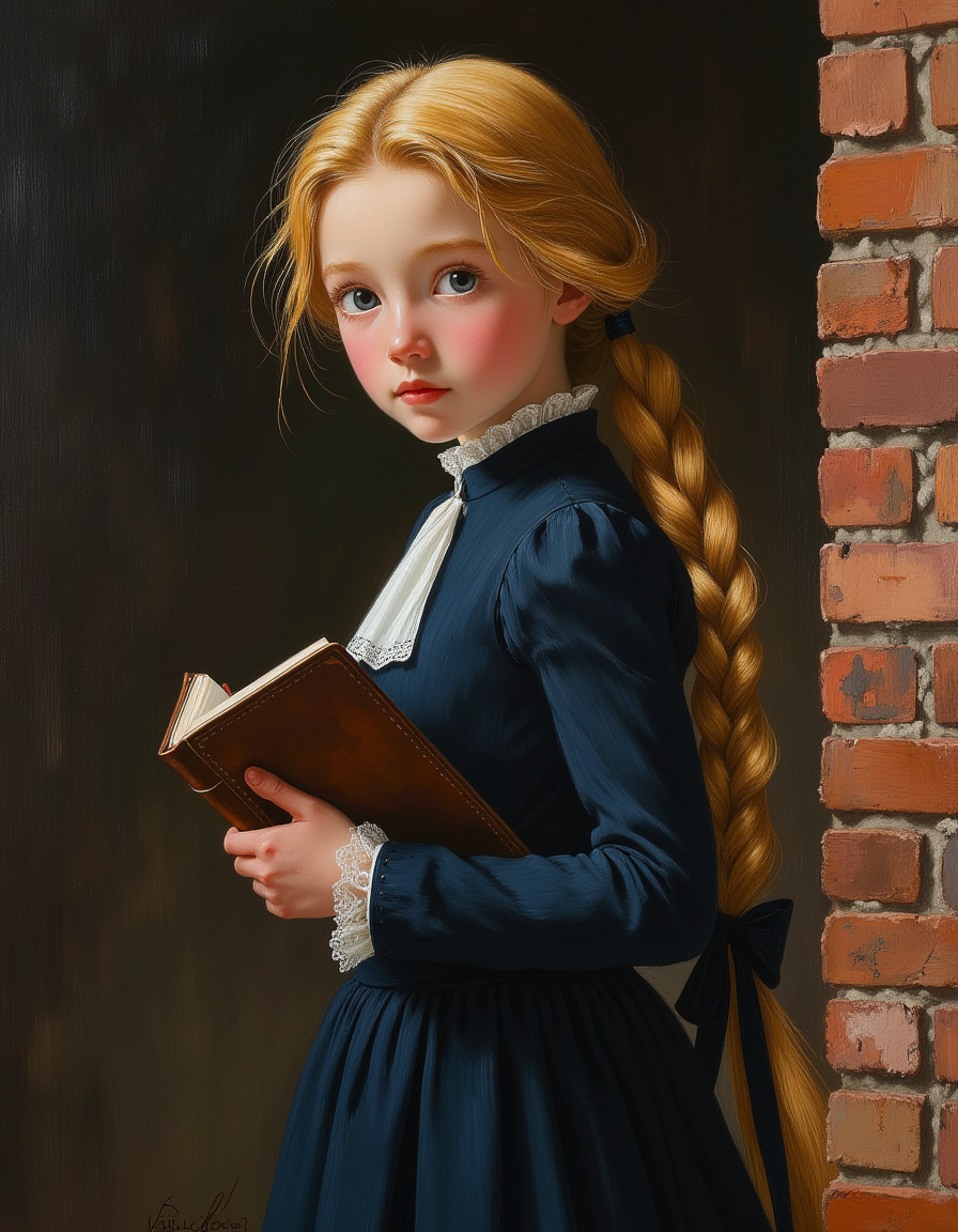 masterpiece, high quality, Oil Painting, Hyper-realistic, half body portrait, Princess Rapunzel dressed as a British school girl from the 1850s. She wears a traditional navy blue school uniform with a high-collared white blouse. Her 70 foot long, golden hair is braided intricately, cascading down her back and tied with a classic ribbon. She holds a small leather-bound book in one hand, with an inquisitive expression on her face as she stands in front of an old brick schoolhouse. The overall atmosphere is serene and scholarly, reflecting the elegance and grace of Princess Rapunzel in a historical British school setting. Rapunazel is has white skin, blue eyes, and a skinny petite body.
Shadow and light, Masterpiece, intricate lines, intriguing atmosphere, sharp magnificent details, delicate features, elaborate details, (2\3 rule composition:0.5), ultra detailed, romantic, Rembrandt lighting, brush stroke, lovely, del1cate_balance style, novuschroma, in the style of Rembrandt. vantablack <lora:style_of_Rembrandt_FLUX_135:.8> <lora:- Flux1 - vanta_black_V2.0:.3> <lora:Delicate_Balance:.3> <lora:neeeg_f1:-1> <lora:113_novuschromaFLX_1:.2>  <lora:zavy-disney-rapunzel-fxl:.3>