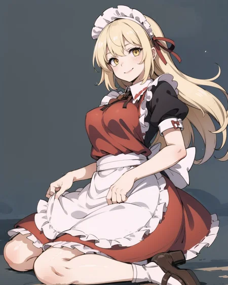 <lora:yumeko_(touhou):1:BODY>, yumeko_(touhou), solo, 1girl, smile, long_hair, breasts, blonde_hair, skirt, ribbon, dress, yellow_eyes, frills, short_sleeves, very_long_hair, puffy_short_sleeves, shoes, apron, brown_footwear, maid_headdress, maid, high_heels, white_apron, frilled_apron, maid_apron, garter_straps, wavy_hair, red_dress,