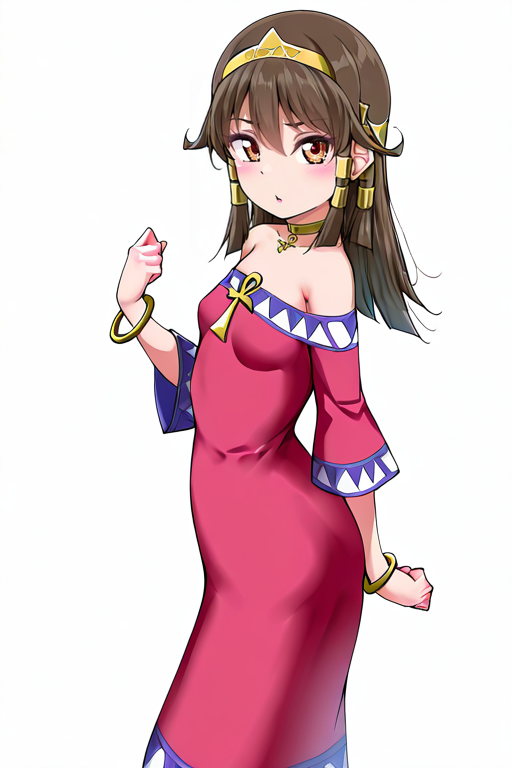masterpiece, High quality, Ultra detailed, 2d, newest, absurdres, highres, <lora:yopparai_oni:0.6>, yopparai oni, BREAK
1girl, solo, egyptian, <lora:sera:0.8>, sera_(yu-gi-oh!), long hair, brown hair, sidelocks, hairband, hair tubes, jewelry, hair between eyes, brown eyes, choker,
small breasts, seradef, off-shoulder dress, dress, ankh, bracelet, anklet, foot, barefoot, 
cowboy shot, hand up, looking at viewer, from behind,
