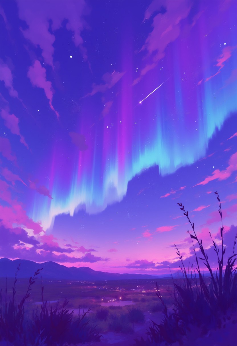 Starry night sky with aurora borealis and a shooting star, with a field of grass below,soft pastel anime