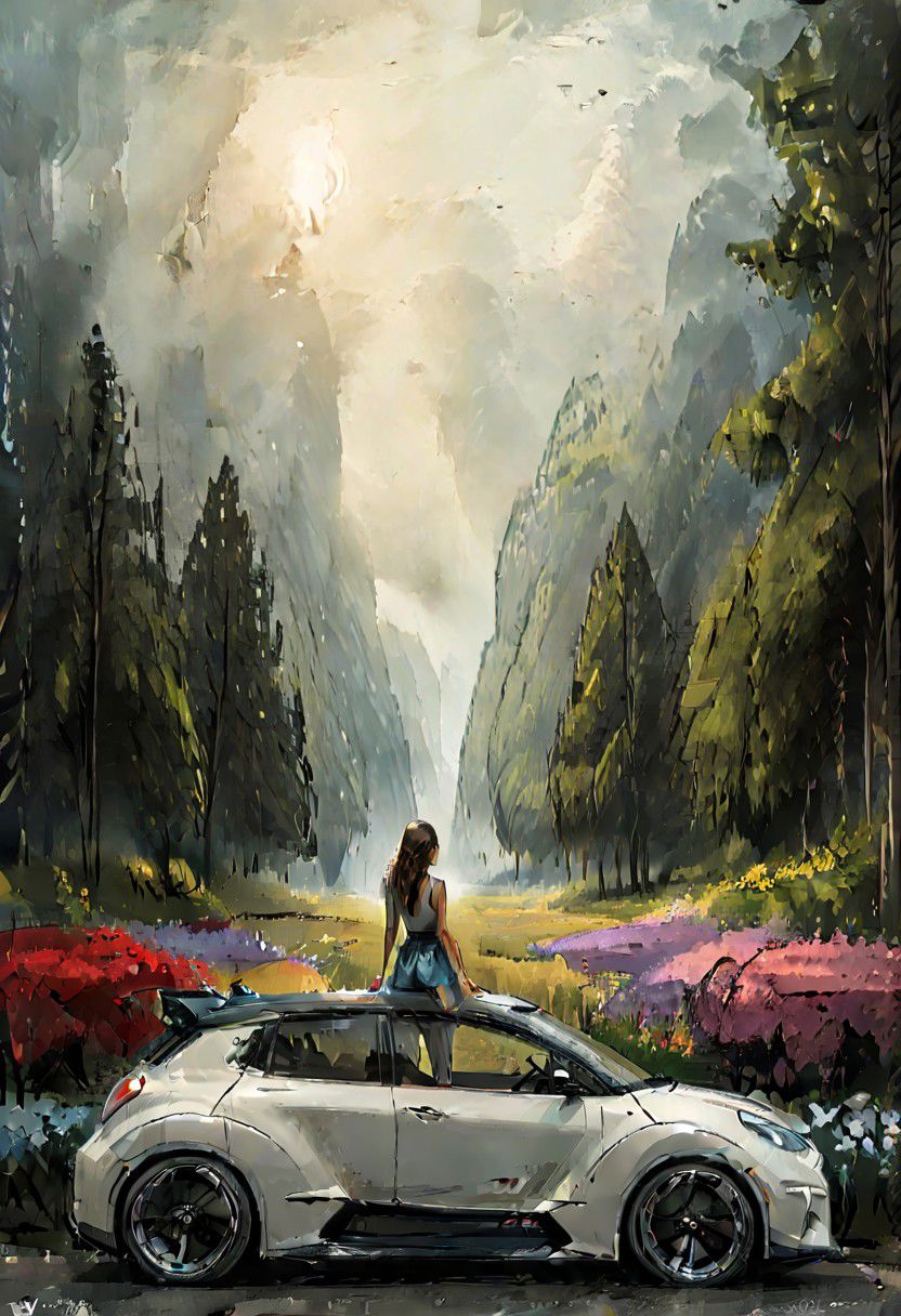 digital art, NISSAN, mountail landscape backgound, plants tress and flowers, a girl standing nearby the car