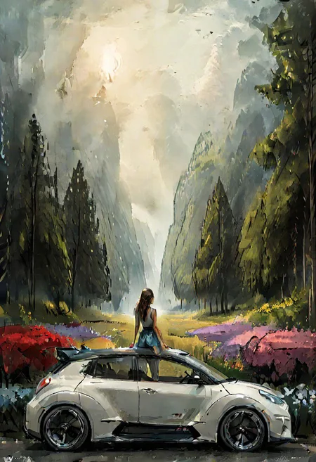 digital art, NISSAN, mountail landscape backgound, plants tress and flowers, a girl standing nearby the car