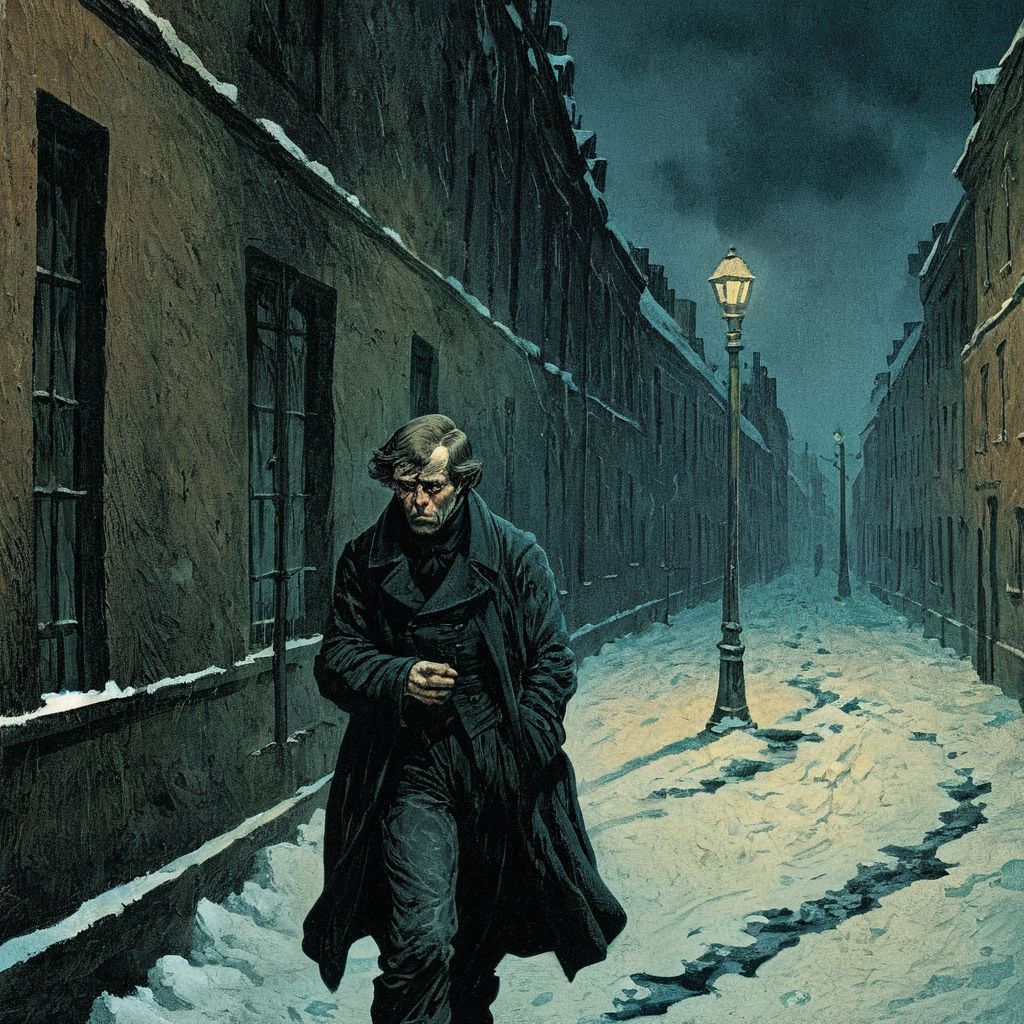 color illustration in berniewrightson style, extremely detailed, masterpiece, tenebrism, high contrast, 
"Crime and Punishment" by Fyodor Dostoevsky: A gloomy, snow-covered street in 19th-century St. Petersburg, Russia. Raskolnikov, with a troubled expression, walks alone, contemplating his moral dilemma under the dim streetlights.
  <lora:BernieWrightson_Style_XL_V4.1:0.7>