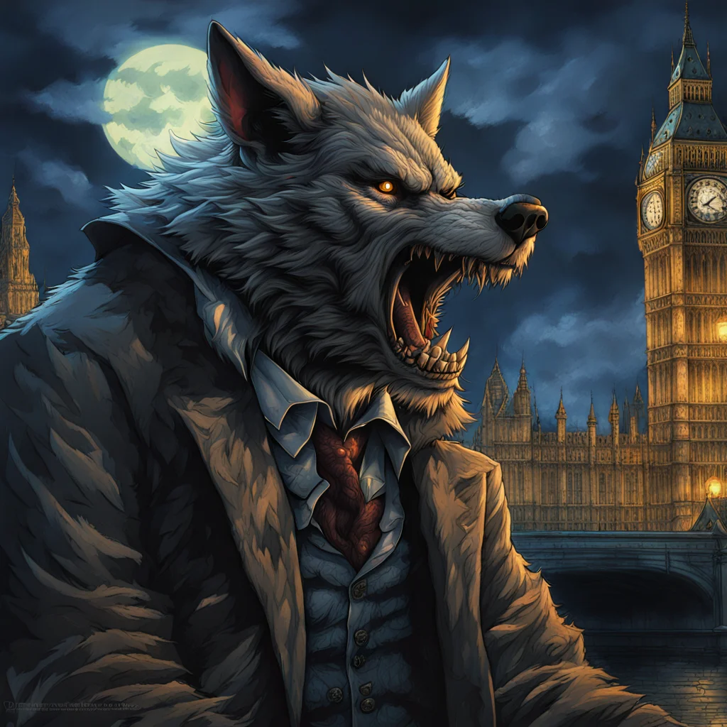 Werewolf in London, by Ayami Kojima, studio ghibli, cinematic lighting, intricate, highly detailed, digital painting, trending on artstation, Illustration, epic scale