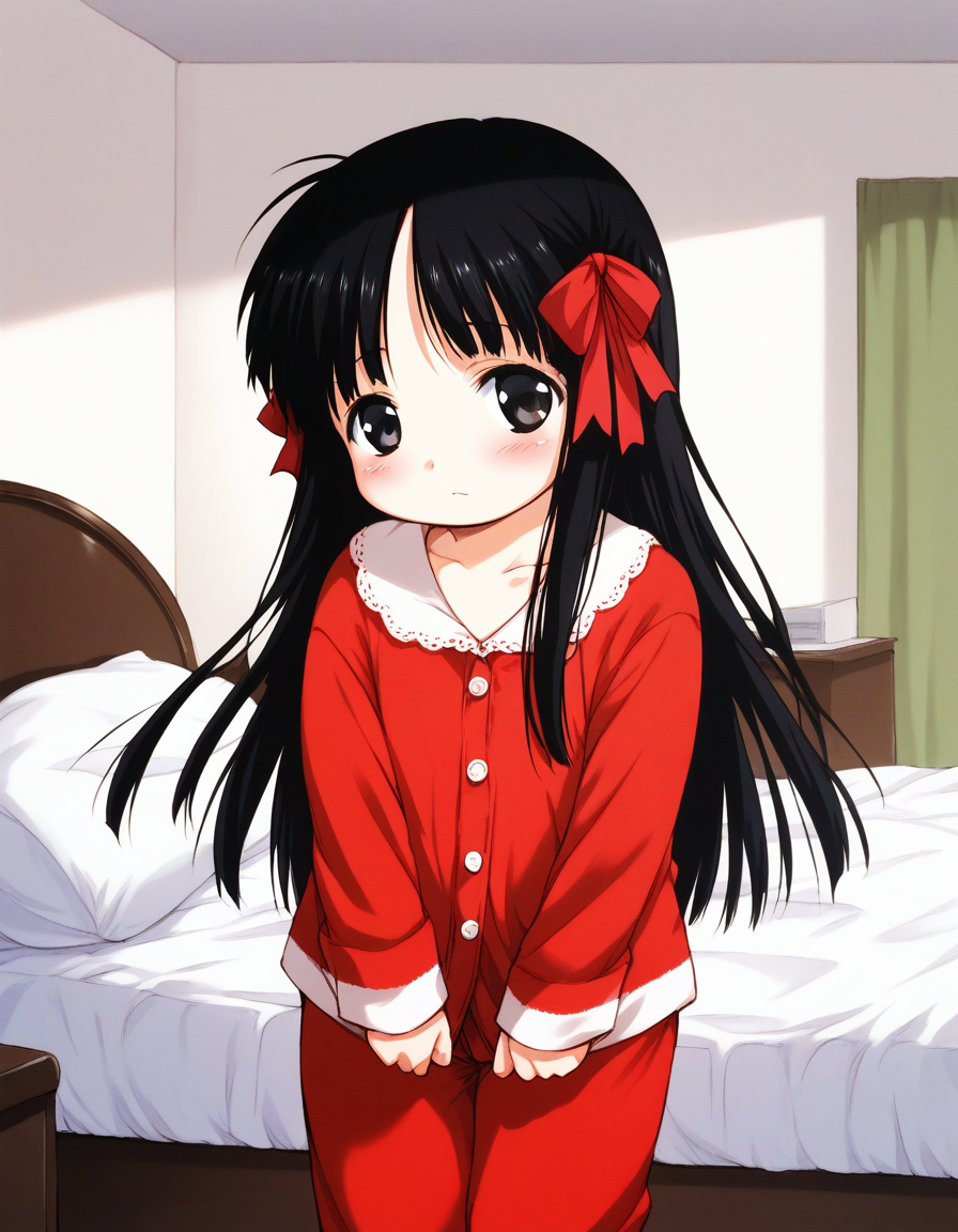 score_9, score_8_up, score_7_up, source_anime, rating_explicit, BREAK  <lora:Hoshino_Hina_XL:1> Hoshino_Hina, long hair, black hair, black eyes, hair ribbon, short stack,
red pajamas, long pants, v arms, 
bedroom,
blush,
looking at viewer, 
cowboy_Shot,