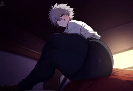 score_9, score_8_up, score_7_up, 1boy, smquanxi, masterpiece, perfect face, solo, single character, solo focus, correct anatomy,
nagisa_kaworu, grey hair, hair between eyes, red eyes, femboy, white dress shirt, orange under shirt, tucked dress shirt, black jeans, undone belt, skin tight pants, slim waist, tall, thick male, thick thighs, hyper ass, hyper thighs, emotionless smile, natural lighting, sitting, sitting on bed, indoors, bedroom, ((from below, from side,)) Expressiveh, Expressiveh, yamathegod style, arm over knee, casual sitting position, smug,