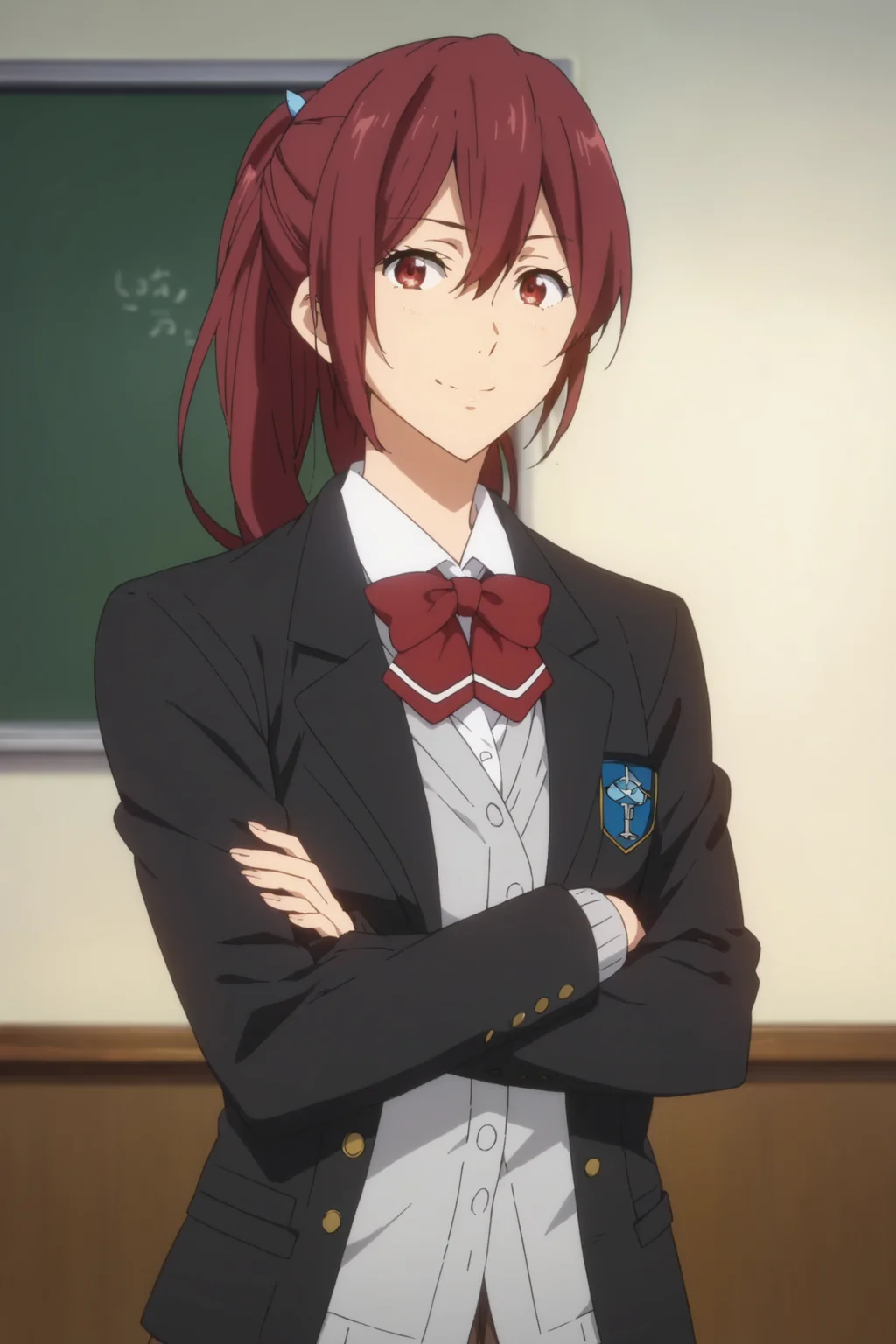 gou matsuoka, red eyes, red hair, long hair, ponytail, school uniform, blazer, jacket, shirt, gray sweater, brown skirt, pleated skirt, black kneehighs, loafers, red bowtie, <lora:Gou_Matsuoka:0.8>, score_9, score_8_up, score_7_up, score_6_up, score_5_up, source_anime, rating_safe, medium breasts, indoors,classroom, 1girl, solo, looking at viewer, <lora:age_slider_v4:3>, (upper body:1.2), smile, (anime screencap:1.2)