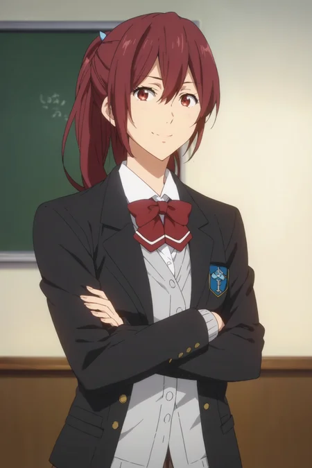 gou matsuoka, red eyes, red hair, long hair, ponytail, school uniform, blazer, jacket, shirt, gray sweater, brown skirt, pleated skirt, black kneehighs, loafers, red bowtie, <lora:Gou_Matsuoka:0.8>, score_9, score_8_up, score_7_up, score_6_up, score_5_up, source_anime, rating_safe, medium breasts, indoors,classroom, 1girl, solo, looking at viewer, <lora:age_slider_v4:3>, (upper body:1.2), smile, (anime screencap:1.2)
