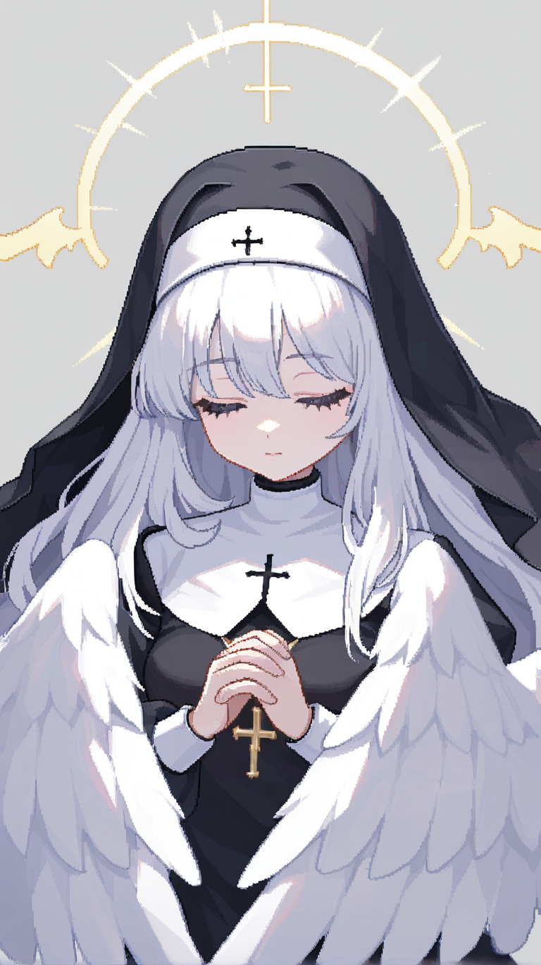 1girl, solo, long_hair, simple_background, dress, jewelry, closed_mouth, closed_eyes, upper_body, white_hair, wings, halo, cross, nun, habit