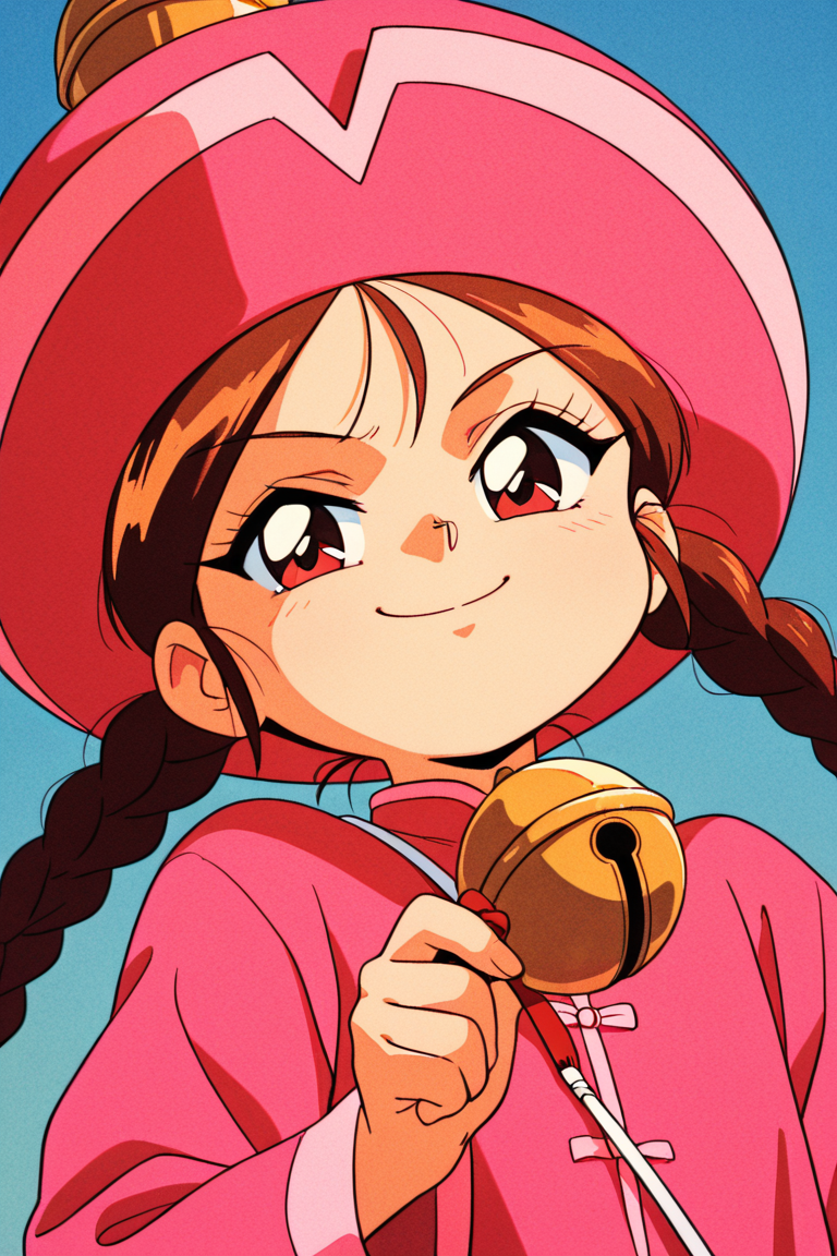1990s_\(style\),retro_artstyle,a girl,brown_hair,twin_braids,pink_headwear,jingle_bell,pink_dress,looking at viewer, (detailed face,smug face,smile),(holding 2jingle_bells:1.2),upper_body,outdoor,blue_sky,BREAK score_9, score_8_up, score_7_up, source_anime,masterpiece, best quality,official art,perfect_anatomy