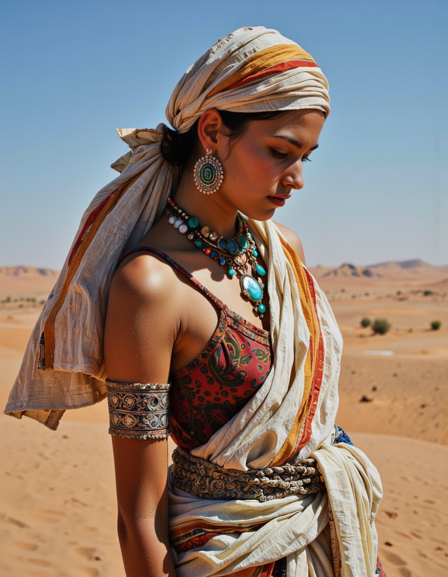 A cinematic photograph of a beautiful berber woman, Sahara landscape, angle view, thoughtful look down.