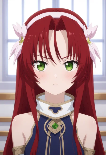 <lora:Tolcheila Solgest:1>,
Tolcheila Solgest,solo,long hair,green eyes,red hair,hairband,looking at viewer,:t,bare shoulders,hair ornament,closed mouth,pout,flower,upper body,hair flower,window