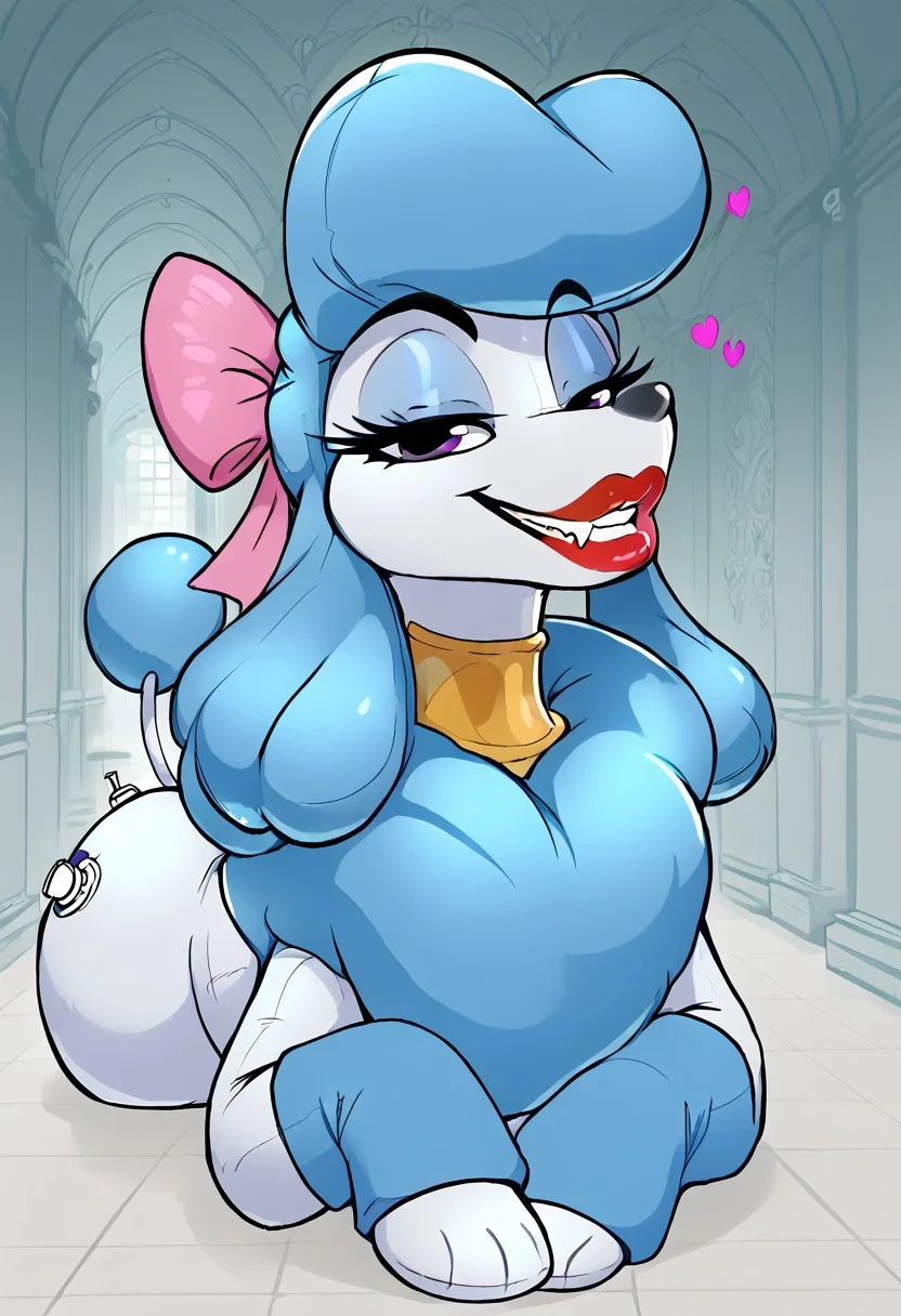 (aerozerorisk), score_9, score_8_up, score_7_up, rear view, source_furry, source_cartoon, highly detailed macro illustration, intricate details, high resolution, sharp focus, best render quality, high res, explicit, (inside mansion, hallway, marble, detailed background), solo,  BREAK 1girl, female, (georgette_oliver, feral, poodle, canine female), beautiful, beautiful detailed eyes, purple eyes, blue hair, close-up on face, bust shot, my little pony the movie, (Expressiveh, seductive look, bedroom eyes, smug, fangs, grin), plump lips, red lips, big lips, pooltoy, animate inanimate, living inflatable, plump lips, full body, pink bow