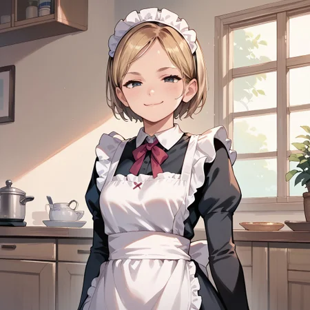 anime coloring, score_9, score_8_up, score_7_up, score_6_up, Sarah-Miller, TLOU, 1girl, solo, looking at viewer, short hair, shirt, blonde hair, maid, apron, dress, maid apron, maid headdress, smug,