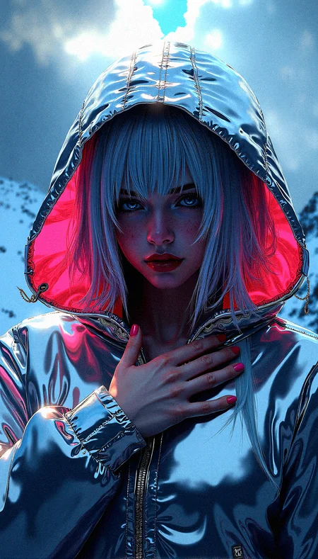 A mysterious beauty is the focal point of this intricate digital artwork, her shining silver hair barely visible beneath a stylish hooded jacket with neon lining. The jacket is made of a reflective, almost metallic material that catches and refracts light in complex ways, creating a visually stunning texture. The figure’s eyes are hidden in the shadows of the hood, adding to the air of mystery and intrigue. The background features a dramatic, on a cold mountain summit, cloud-filled sky, rich with vibrant colors and swirling patterns, as if nature itself is in turmoil or transition. The lighting is intense, with beams of light cutting through the clouds, casting dynamic shadows across the figure’s face and clothing. The overall composition is highly complex, with rich, saturated colors and extreme detail, making every element—from the texture of the jacket to the vibrant sky—stand out with striking clarity and depth.

One hand placed over the heart while the other points upward, conveying a mix of emotion and determination.