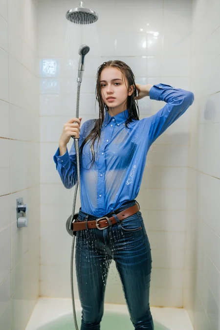 1girl, wet hair, wet blue shirt, shirt tucked into skinny jeans, belt, looking at viewer, standing in the shower, water drop, photographed on a Fujifilm XT3, 80mm F/1.7 prime lens, cinematic film still, cinestill 500T, highly detailed, masterpiece, highest quality, intricately detailed, HDR, 8k, uhd, photorealistic, <lora:add_detail:0.5>, <lora:wetgirl:0.7>