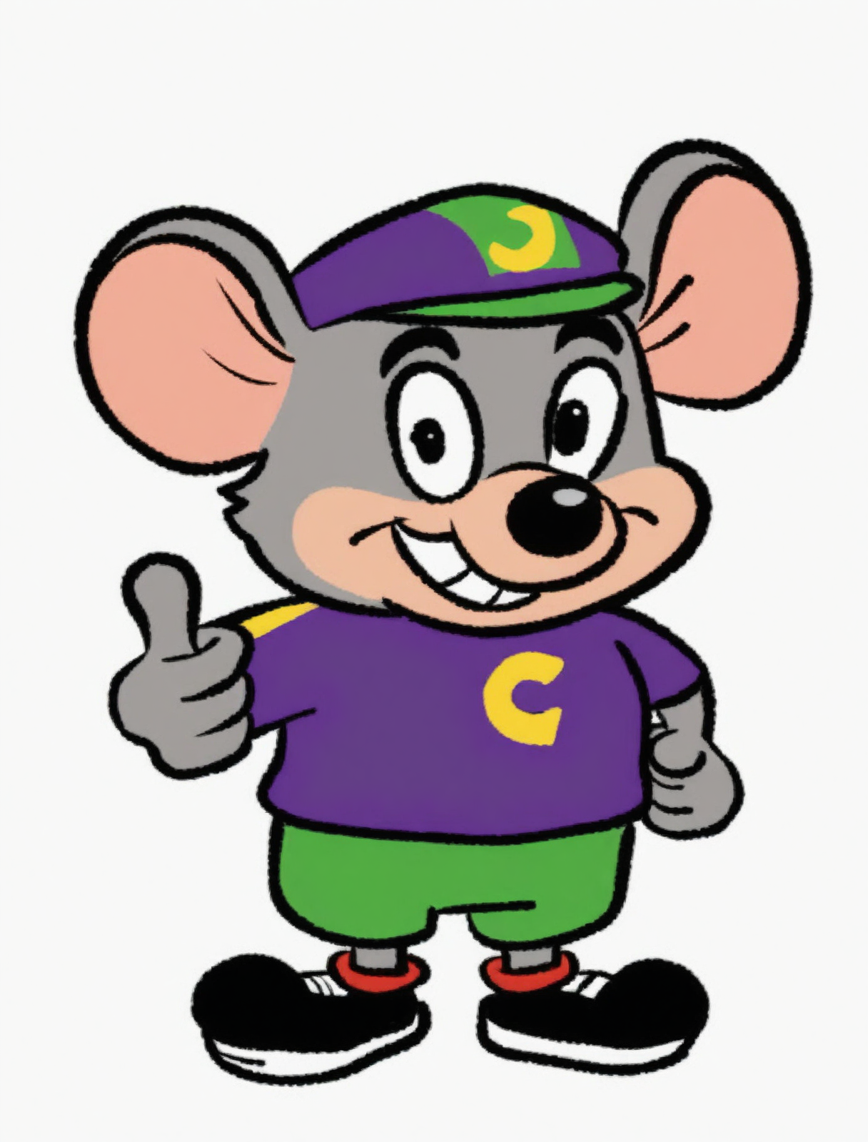 score_9, score_8_up, score_7_up, solo, BREAK, 1boy, full body
 <lora:goobustest:1>, goobus, cartoon, doobus, human, <lora:Charles_Entertainment_Cheese_Avenger_Chuck_E._Cheese_for_PonyXL:.6>, furry, chuck3chee3e, grey mouse boy, purple hat, shirt, buck teeth, smiling, thumbs up