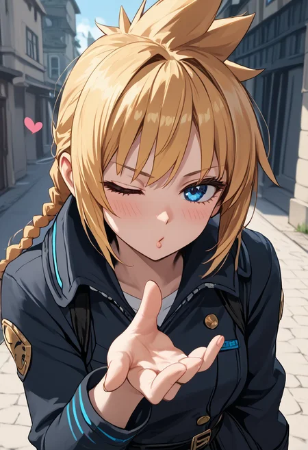 score_4,score_5,score_6,score_7_up,score_8_up,score_9 ((masterpiece,best quality,ultra detailed,highres,HD,4k:1.2)),
1girl, solo,solo focus,girl focus,face focus,
blonde hair,long hair,braided ponytail,spiked hair,single braids,blue eyes,
outdoors,
<lora:blowing-kiss-ponyxl-lora-nochekaiser:1>, blowing kiss, pucked lips, heart, one eye closed, o3o, looking at viewer, hand up,Pouting lips,pointing fingertips towards viewer, blush,shy,Expressionless,Half-closed eyes, squinting, staring,jitome,