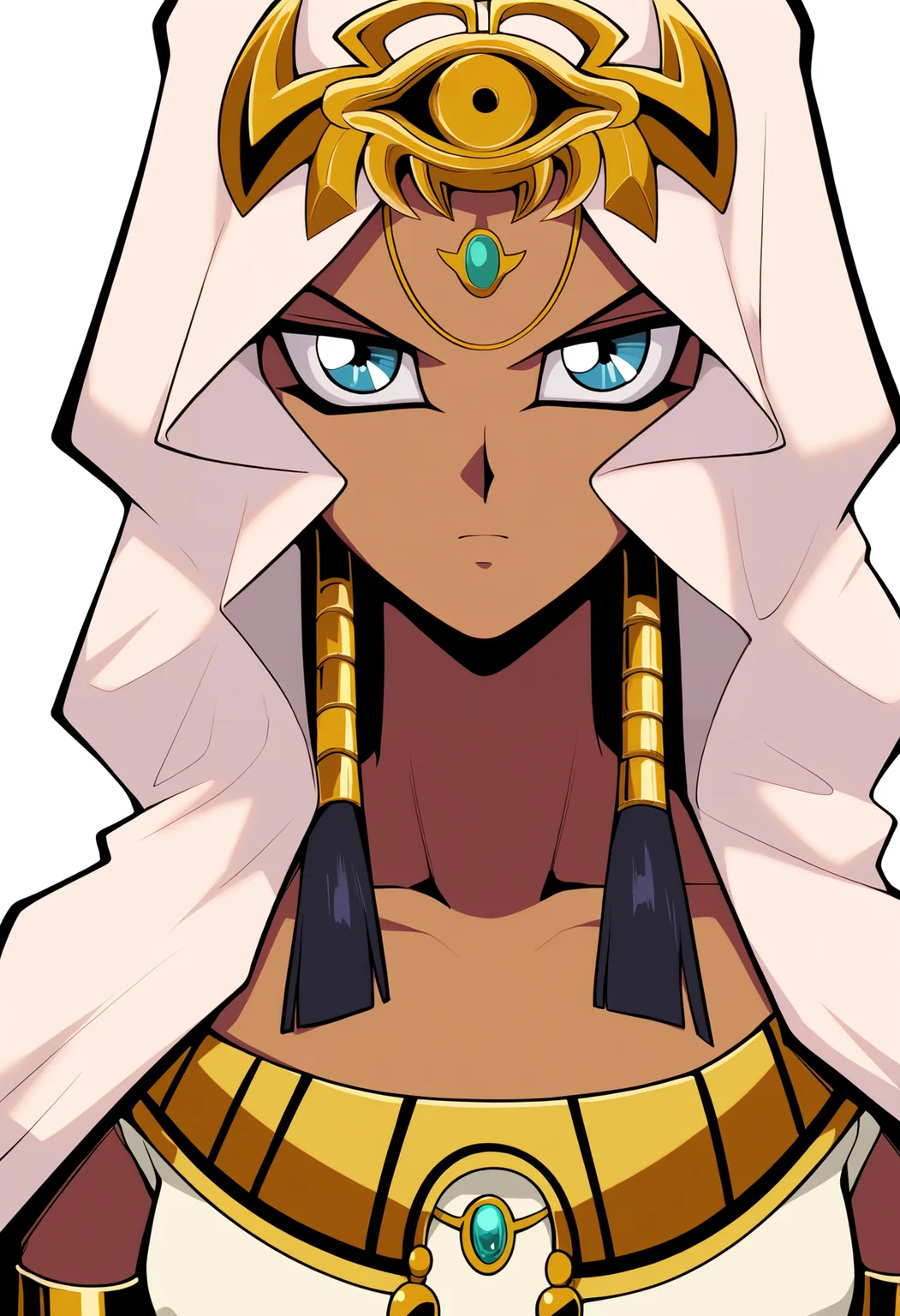 masterpiece, best quality, very aesthetic, absurdres,
1girl, ishizu ishtar, blue eyes, dark skin,
veil, eye of horus,
dress,
upper body, looking at viewer, solo, simple background, white background,  <lora:IshizuIshtarNoobXL_byKonan:1>