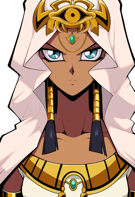 masterpiece, best quality, very aesthetic, absurdres,
1girl, ishizu ishtar, blue eyes, dark skin,
veil, eye of horus,
dress,
upper body, looking at viewer, solo, simple background, white background, <lora:IshizuIshtarNoobXL_byKonan:1>