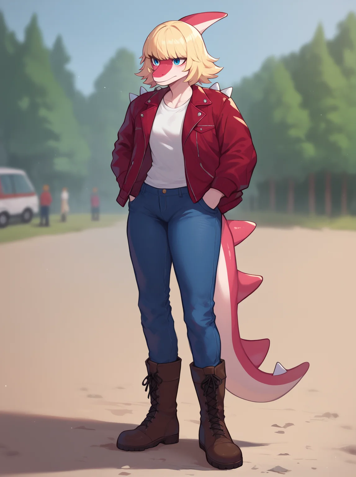 score_9_up, score_8_up, score_7_up, score_6_up,
<lora:Mia_Moretti_IWHTG_XL_v4:1> mia_iwhtg, parasaurolophus, dinosaur, scalie, blonde hair, spiked tail,
jacket, tshirt, jeans, boots, hands in pockets, outdoors, blurred background,