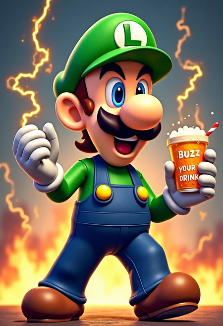Luigi from Super Mario Bros. holding a fantia with lightning bolts that texts:Buzz your drink... while the big bee is flying and swirling around