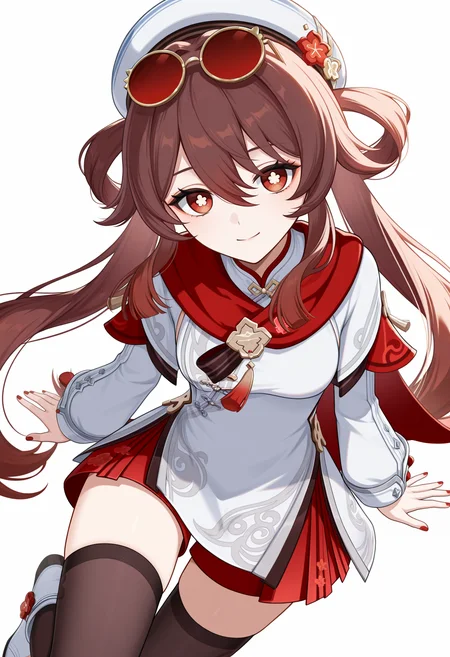 <lora:Hu Tao-New-clothes_illustrious-000030:1>,
HTNC \(genshin impact\),brown hair,flower-shaped pupils,eyewear on head,solo,white hat,simple background,long sleeves,red eyes,long hair,looking at viewer,closed mouth,twintails,smile,official alternate costume,red nail polish,red nails,black thighhighs,white dress,white boots,full_shot,white_background