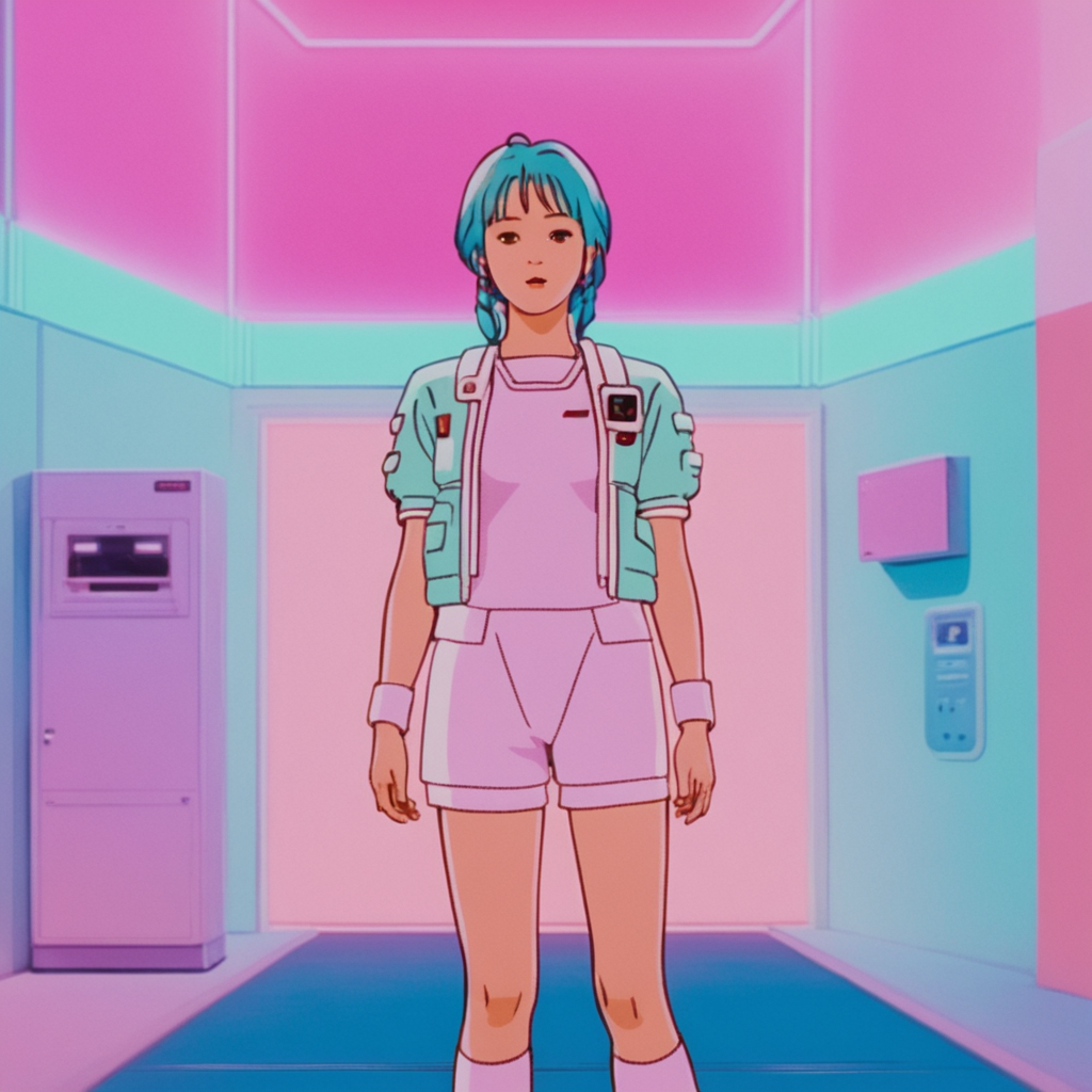 realistic, k4r1n woman standing, kawaii, cute, medium shot, happy, front view, background of gradient fluorescent, pastel tones (by wes anderson:1) <lora:k4r1n-000005:0.6>