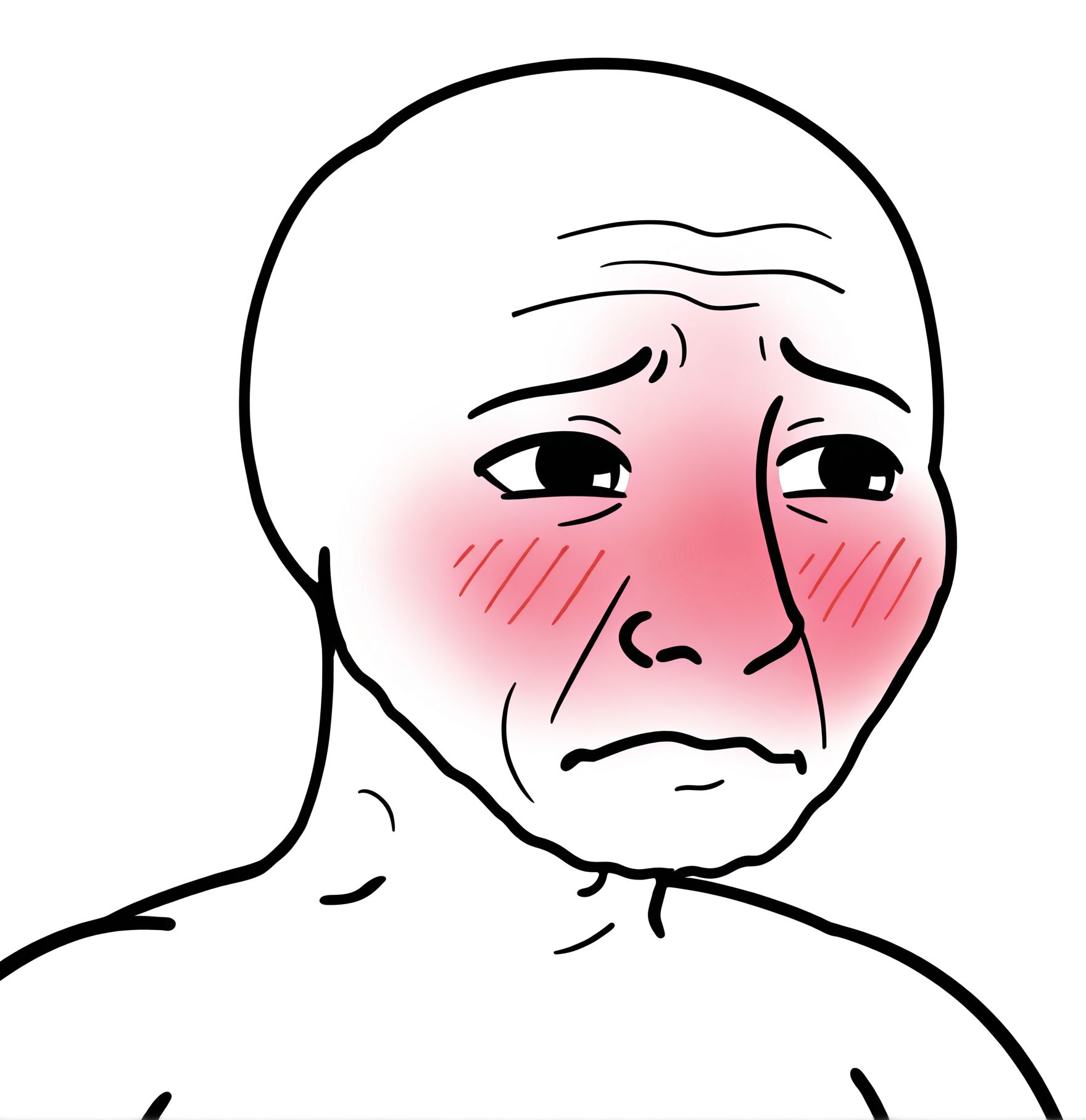 toon \(style\), 2d,
<lora:Wojak_style:1.1>Wojak style,
solo,1boy,
shy expression blush,   bald,wojak,
white skin,ugly man,