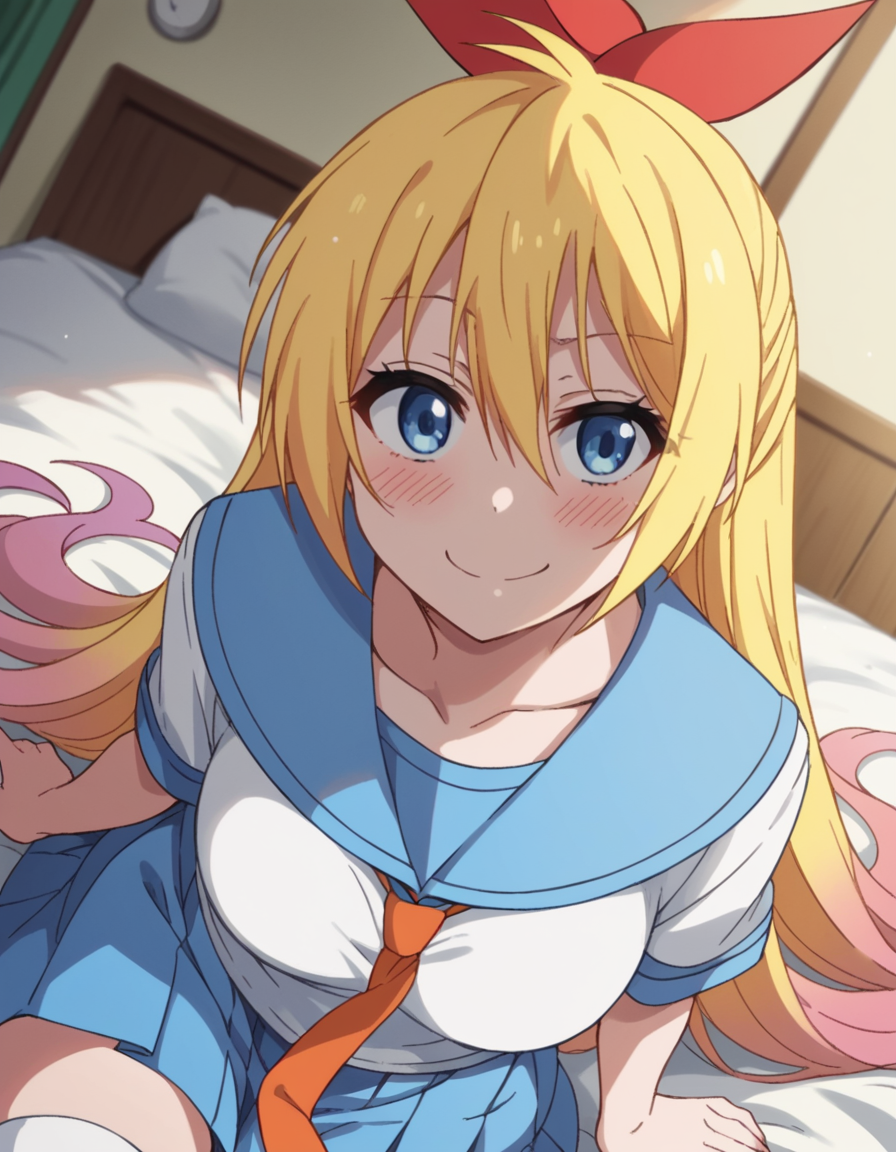 score_9, score_8_up, score_7_up, source_anime, <lora:chitoge-kirisaki-s2-ponyxl-lora-nochekaiser:1>, chitoge kirisaki, long hair, blue eyes, blonde hair, ribbon, hair between eyes, very long hair, hair ribbon, multicolored hair, red ribbon, gradient hair, medium breasts,, skirt, shirt, thighhighs, school uniform, collarbone, white shirt, pleated skirt, necktie, serafuku, sailor collar, red ribbon, blue skirt, blue sailor collar,, indoors, bed, bed room, on side, blush, drunk,, smile, looking at viewer, smug, solo,, cowboy shot, dutch angle