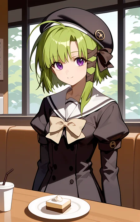 (score_9,score_8_up,score_7_up), light smile, shiny skin, ohwx, 1girl, solo, green_hair, short_hair, purple_eyes, hair_ribbon, ribbon, short_hair_with_long_locks, tress_ribbon, bow, ahoge, small_breasts, very_long_hair, asymmetrical_hair, long_hair,hat, school_uniform, long_sleeves, puffy_sleeves, beret, cafe,<lora:asa_shigure_pony_sobsynapse-000005:1>