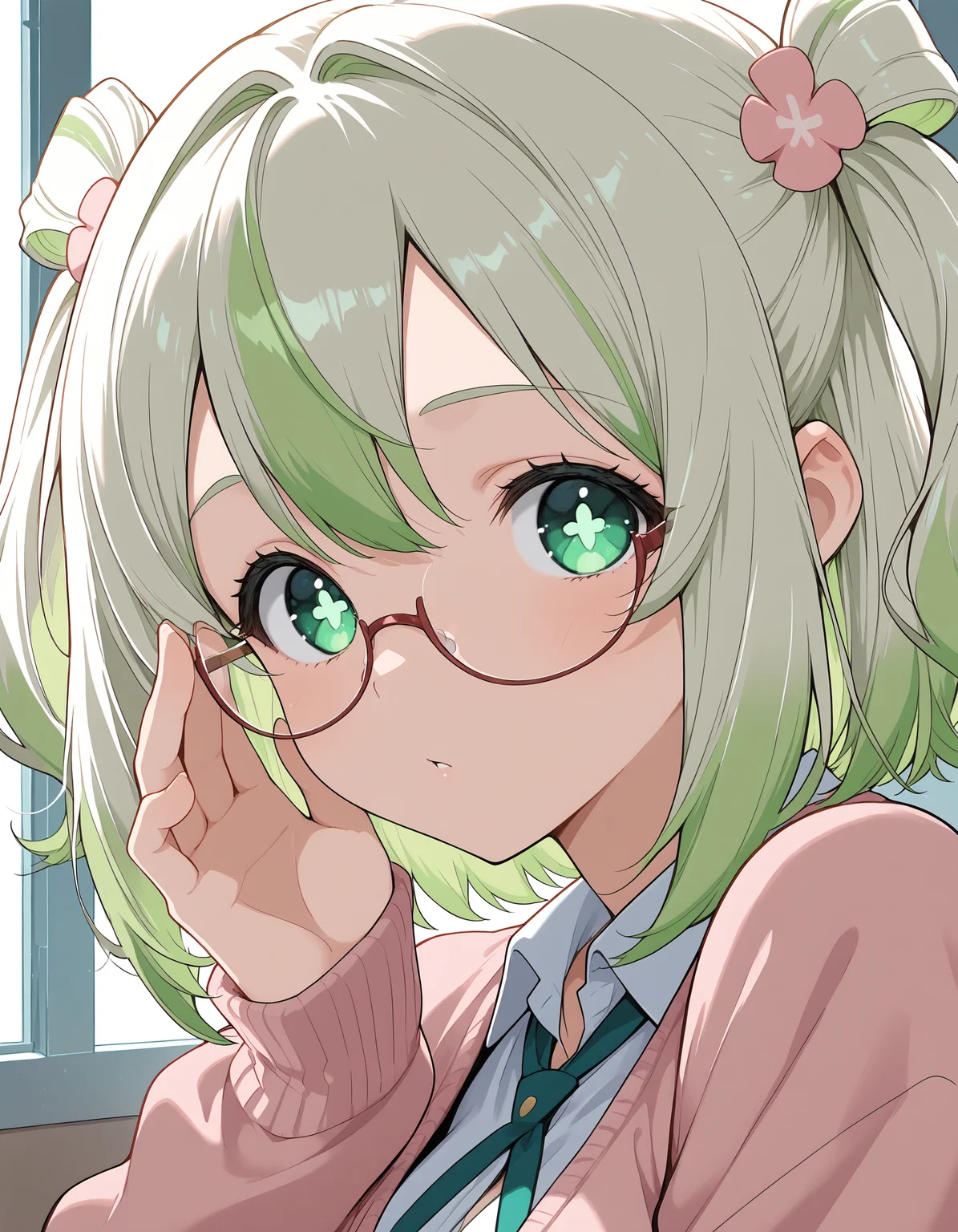 <lora:midis_Midori_V2[IL]:1>, midori,  looking at viewer, pink cardigan, semi-rimless eyewear, (portrait:1.3), adjusting eyewear, sitting, masterpiece,best quality, very aesthetic,absurdres,newest,