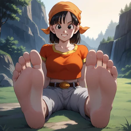 score_9, score_8_up, BREAK, (masterpiece:1.4), (best quality:1.2), solo, perfect anatomy, accurate anatomy, perfect feet, perfect soles, PONYXL_WaifuFeetPics_ownwaifu, 1girl, (pan from dragon ball GT), high quality best quality, (high detail), adorable face, orange bandana, short sleeves red crop top, grey jeans, grey fingerless gloves, stomach exposed, navel, adult woman, mature woman, breasts, sexy pose, self portrait, smile, outdoors, sunlight, shadows, evening lighting, natural lighting, forest, trees, grass, orange sky, sunset, (((sitting, barefoot, foot focus, feet, soles)))