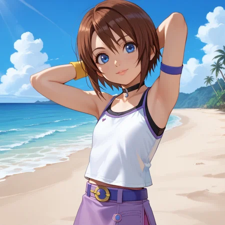 score_9, score_8, score_7, BREAK, kairi_kh1, flat chest, cute, brown hair, short hair, blue eyes, wrist band, choker, belt, tank top, skirt, cute, hands behind head, beach, natural lighting