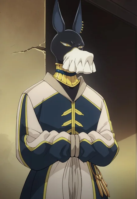score_9, score_8_up, score_7_up, detailed, siriusanubis, solo, 1boy, black skin, jackal ears, piercing, yellow eyes, veil, jewelry, egyptian clothes, robe, own hands together, standing