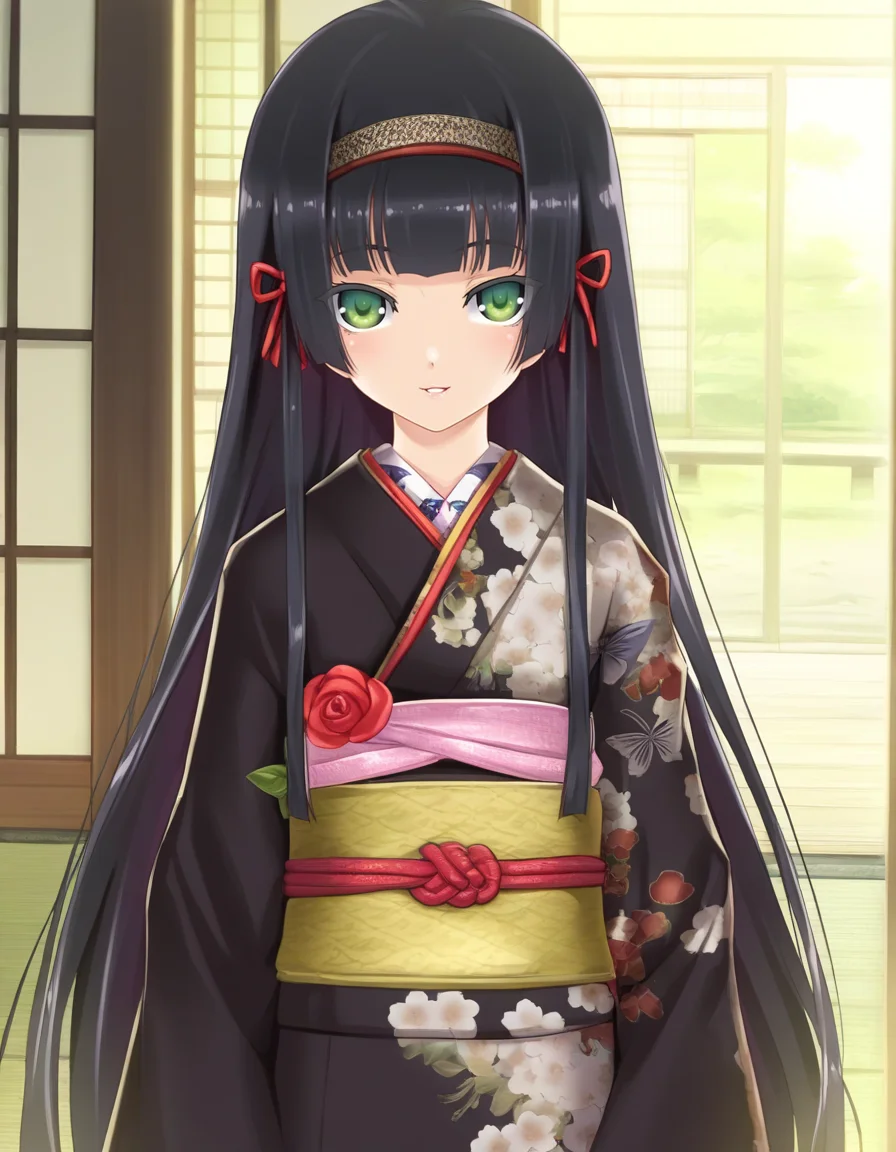 <lora:Biman Adam-000063:1> rrenge, green eyes, black hair, hime cut, sidelocks, very long hair, small breasts, petite, red ribbon, hair ribbon, floral print hairband,  black kimono, floral print, butterfly print, yellow obi, wide sleeves, red rose, pink obiage, red obijime, tatami, sliding door, parted lips, solo, smile
