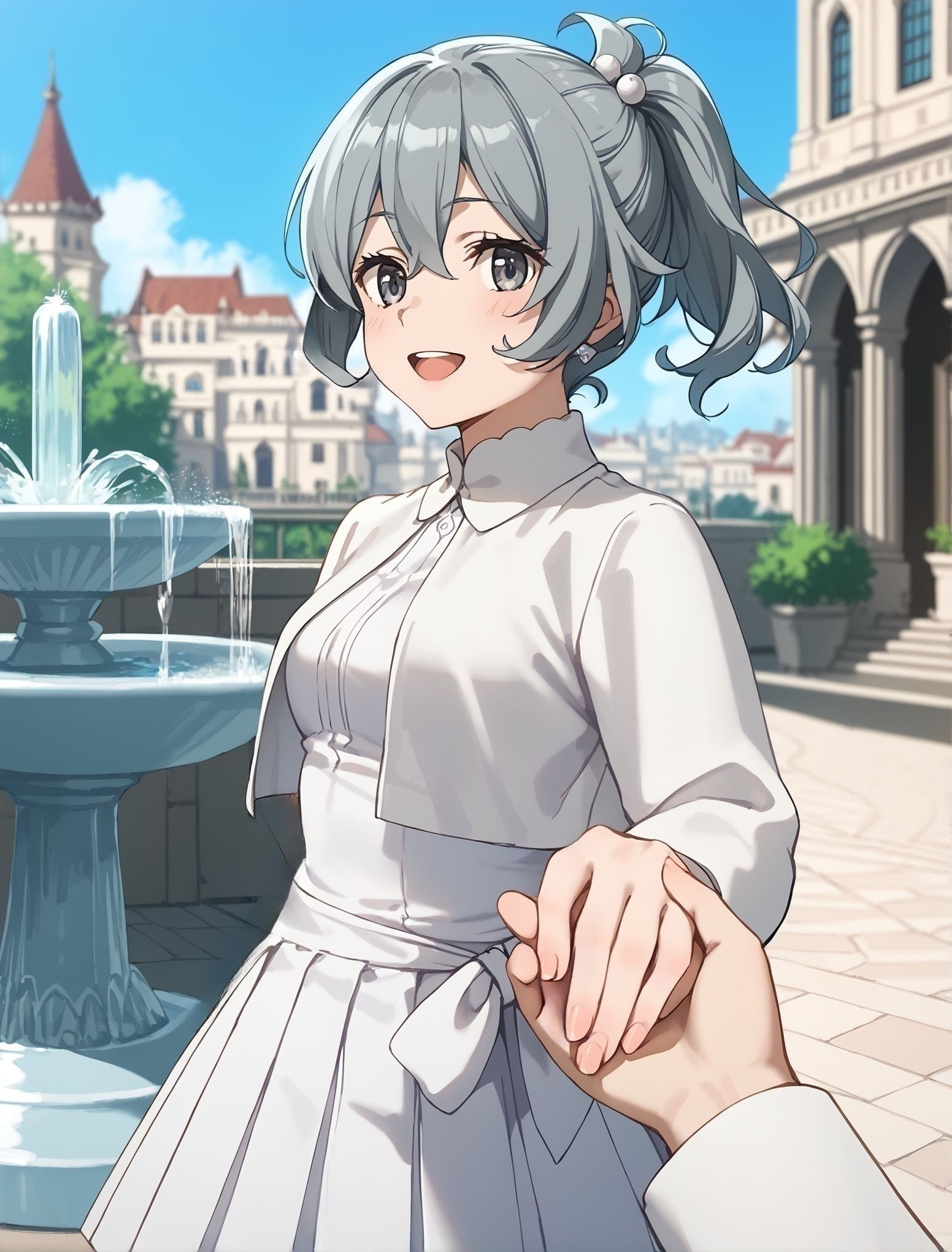 score_9,score_8_up,score_7_up,masterpiece, best quality, <lora:WHM 0.2v:0.5>, WHM, 2D,anime,  
<lora:HandFixer_pdxl_Incrs_v1:0.5>,  
 1girl, holding hands, solo focus, pov hands, out of frame, <lora:HoldingHandsPOV_XLPD:1>, from side,
BREAK
1girl, solo, open mouth, smile, blush, upper teeth only, short hair, short ponytail, grey hair, grey eyes, hair between eyes, hair bobbles, earrings, SyrDate, cropped jacket, white jacket, collared shirt, white shirt, long sleeves, bow skirt, pleated skirt, white skirt, white bow, looking at viewer, thigh gap, outdoors, fantasy, city, fountain, blurry background, 
 <lora:DanMachi_SyrFlovaXL:0.8>