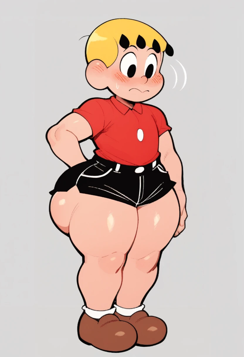 FranjinhaTDM, 1boy, blonde hair, black eyes, red polo shirt, black shorts, brown shoes, solo, full body, standing, femboy, thicc thighs, huge butt, blushing