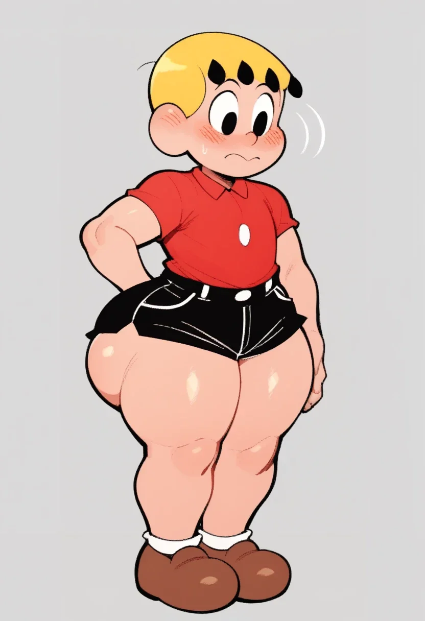 FranjinhaTDM, 1boy, blonde hair, black eyes, red polo shirt, black shorts, brown shoes, solo, full body, standing, femboy, thicc thighs, huge butt, blushing
