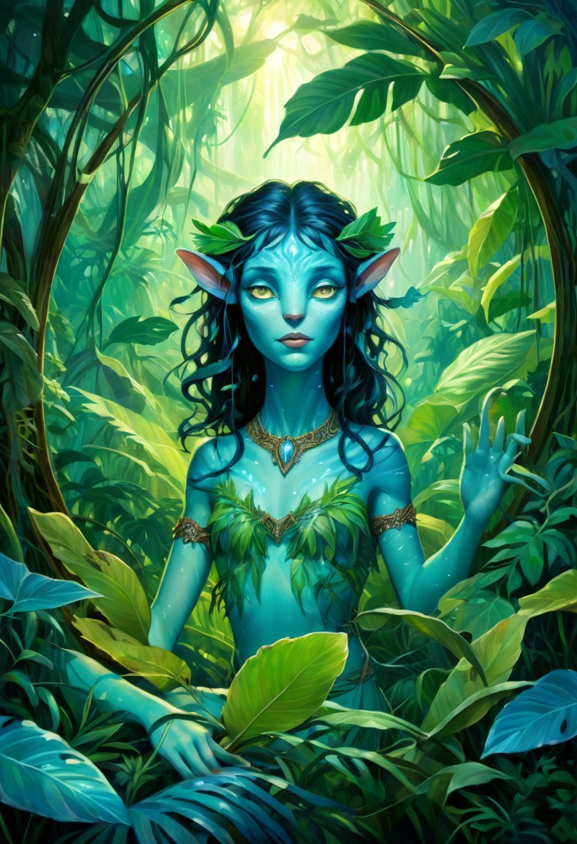 Alphonse Mucha Style page oil  painting of a 18 year old female Avatar navi alien with blue skin, wearing leaf tunic in a bioluminescent jungle, busy, cleavage