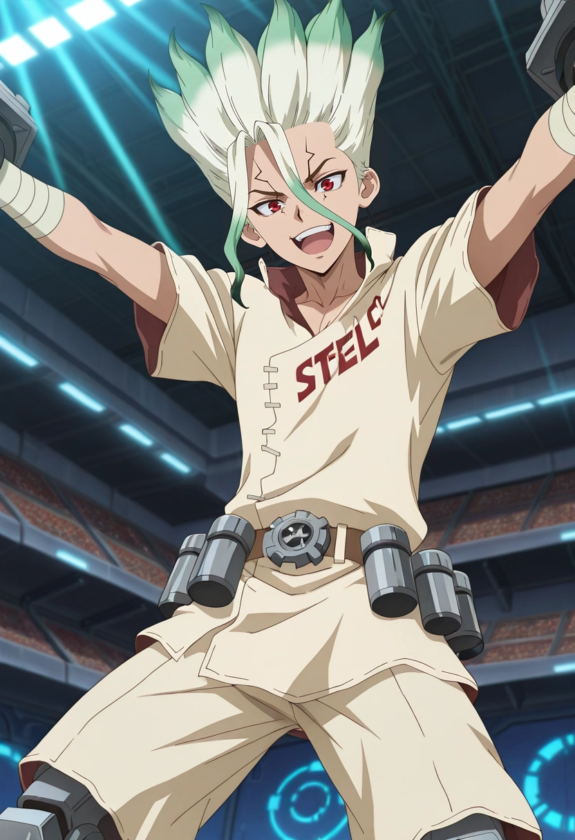 masterpiece, best quality, , anime screencap, anime coloring, official style, , 1boy, solo, male focus, <lora:senkuu_ishigami_ilxl:0.96>, senkuu_ishigami, green hair, red eyes, multicolored hair, two-tone hair, white hair, facial mark, mech arena, steel seats, gear podiums, robot fights, cheering pose, enthusiastic expression, metallic lighting,