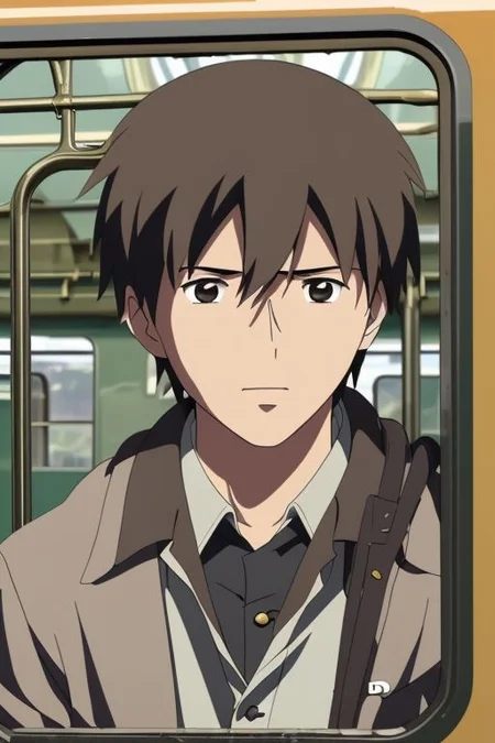 high resolution, solo, best quality, 1Boy, Takaki Toono, Brownish Hair, Brown Eyes, train, inside train, OverallDetail