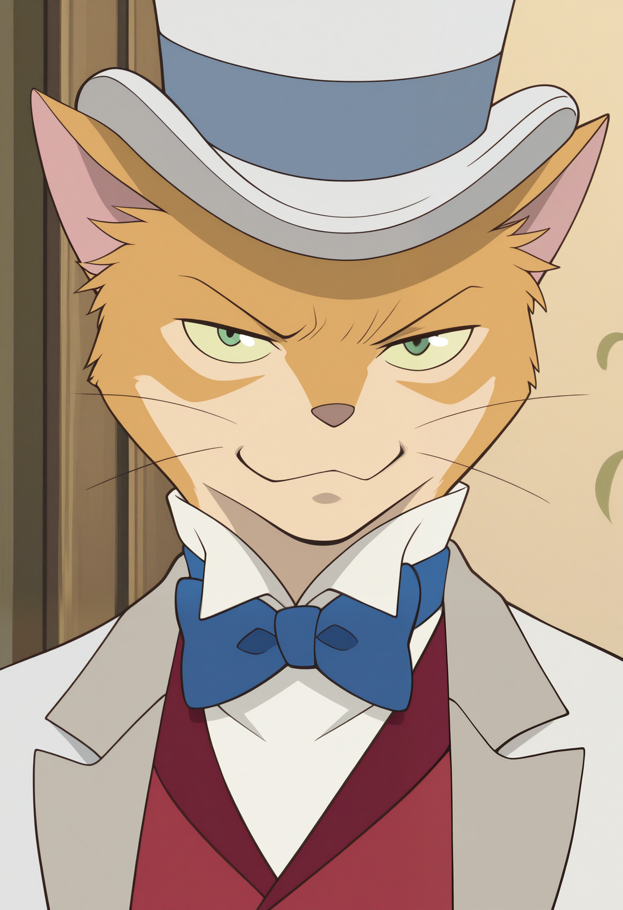 masterpiece,best quality,amazing quality, 1boy, solo, b4r0n, cat boy, colored sclera, green eyes, white top hat, blue bowtie, white tailcoat, red vest, white shirt, close up, smirk, cool, confident,