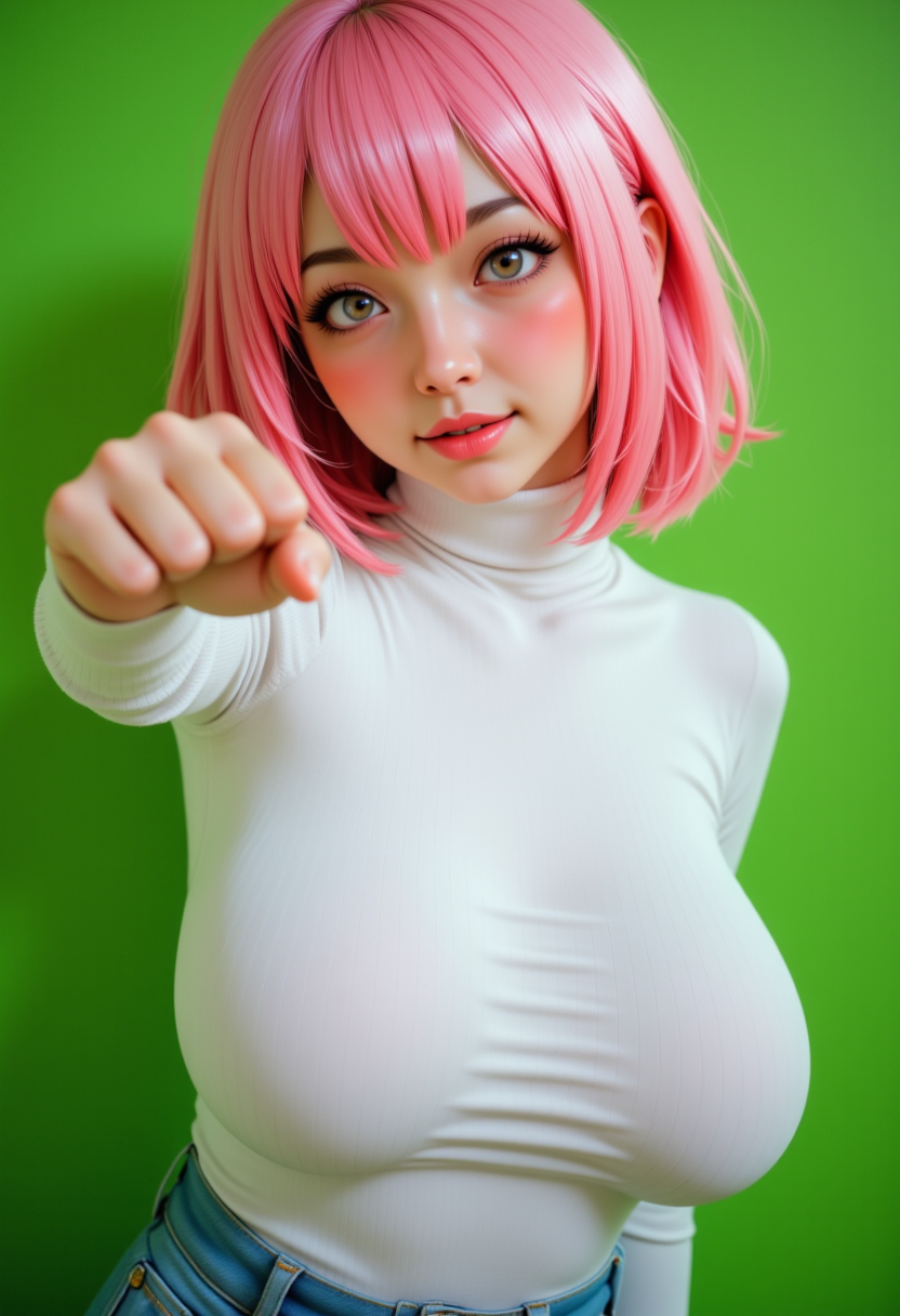 Headshots, a masterpiece, a beautiful woman,Hyperrealistic, she is smiling, dynamic angles, multiple angles, photoshoot poses; A photo of CAIChan, a woman with pink hair, a beautiful girl,she is wearing a white turtleneck sweater.she has massive breasts, she has piercing eyes. a dynamic pose and a sense of action. simple green background, and the lighting is soft, creating a dramatic effect, creating a focused and dynamic pose.; the scene is set in a beautiful well-lit environment, with a sense of action and adventure. Style: realistic hyper-detailed rendering, 32k UHD, expressive eyes, punk, graphic design, girl's face, pretty and cute, gleaming lips, telling a tale of adventure. Exuding confidence and serenity. The overall mood of the image is happy and relaxed, detailed skin texture,(blush:0.2),(goosebumps:0.3), subsurface scattering,with a playful and whimsical tone,perfect hand, hand, detailed hand,niji style,retro50s_style,
