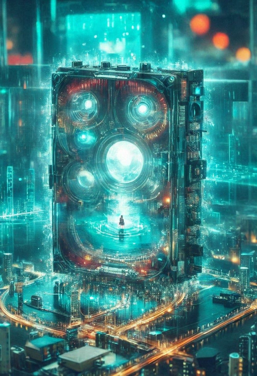 double exposure of opera diva Hatsune Miku with long floating aqua twintails singing high note merging with a printed circuit board of Yamaha electronics chip processor, <lora:DoubleExposure:1>, (head:1.8), <lora:The Phantom of the Opera style:1.5> The Phantom of the Opera style, <lora:loraeyesxl:0.4>