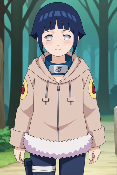 score_9, score_8_up,source_anime,
 <lora:HinaGeninXL:1>,short hair, dark blue hair, no pupils, 1girl, blunt bangs, shiny hair, grey eyes, hoodie, solo, hood down, long sleeves, looking at viewer, blush, fur trim, capri pants,  standing, smile, closed mouth,standing, cowboy shot, bandages, thigh holster,konohagakure symbol, forehead protector, 
outdoors, forest,
anime screencap, anime coloring,