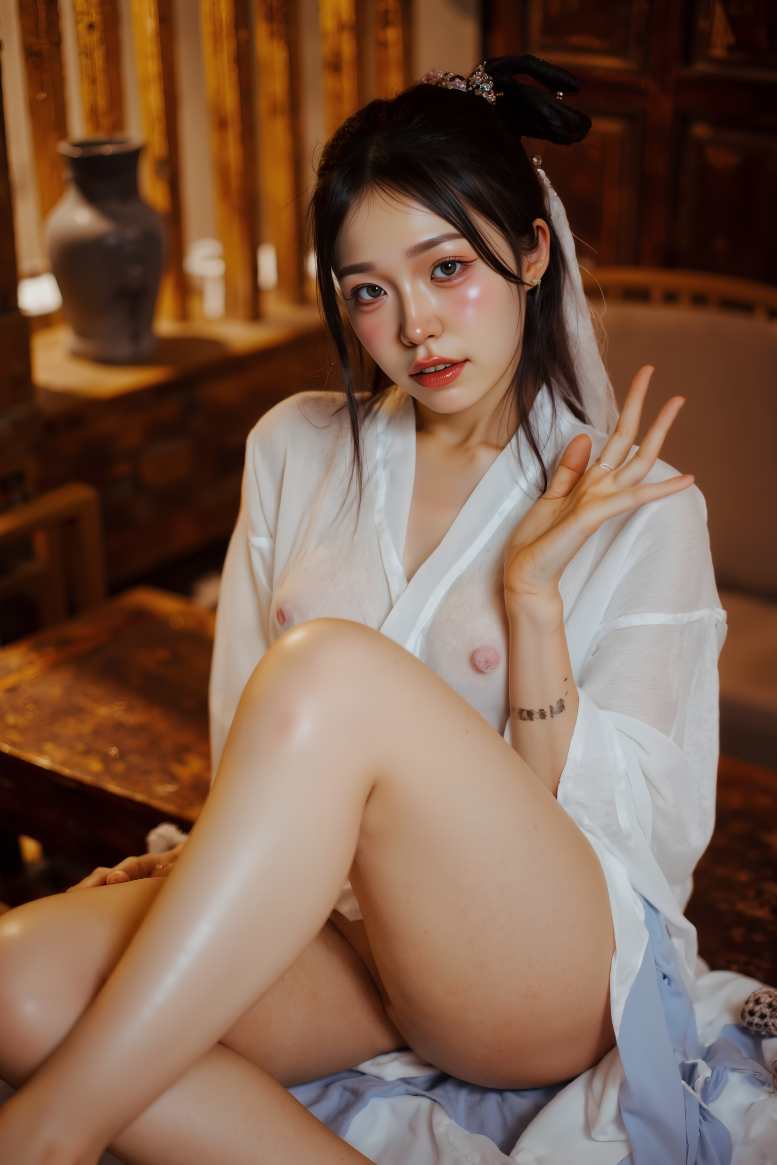 A professional, high-resolution image of a young woman in a contemplative pose, seated on the floor with legs gracefully folded to one side. One arm supports her weight while the other rests naturally across her lap, creating balanced triangular negative spaces throughout the composition. Her gaze is directed slightly away from camera, suggesting a moment of quiet reflection.

She is wearing a white SGWN58Clothing. Her makeup is dramatic, with dark eyeliner and bold, glossy pink lips. 

The lighting features a high-contrast, monochromatic white color scheme that creates a moody, intimate atmosphere. 

The photography technique uses what appears to be soft lighting to create a glamorous effect, with careful attention to highlighting contours while maintaining the dominant light brown color scheme throughout the frame.

The overall aesthetic combines elements of fashion photography, traditional Asian visual motifs, and contemporary boudoir styling. The dramatic light brown lighting creates a cohesive visual theme that ties all elements of the composition together.

The white light emit on her to show her feature.