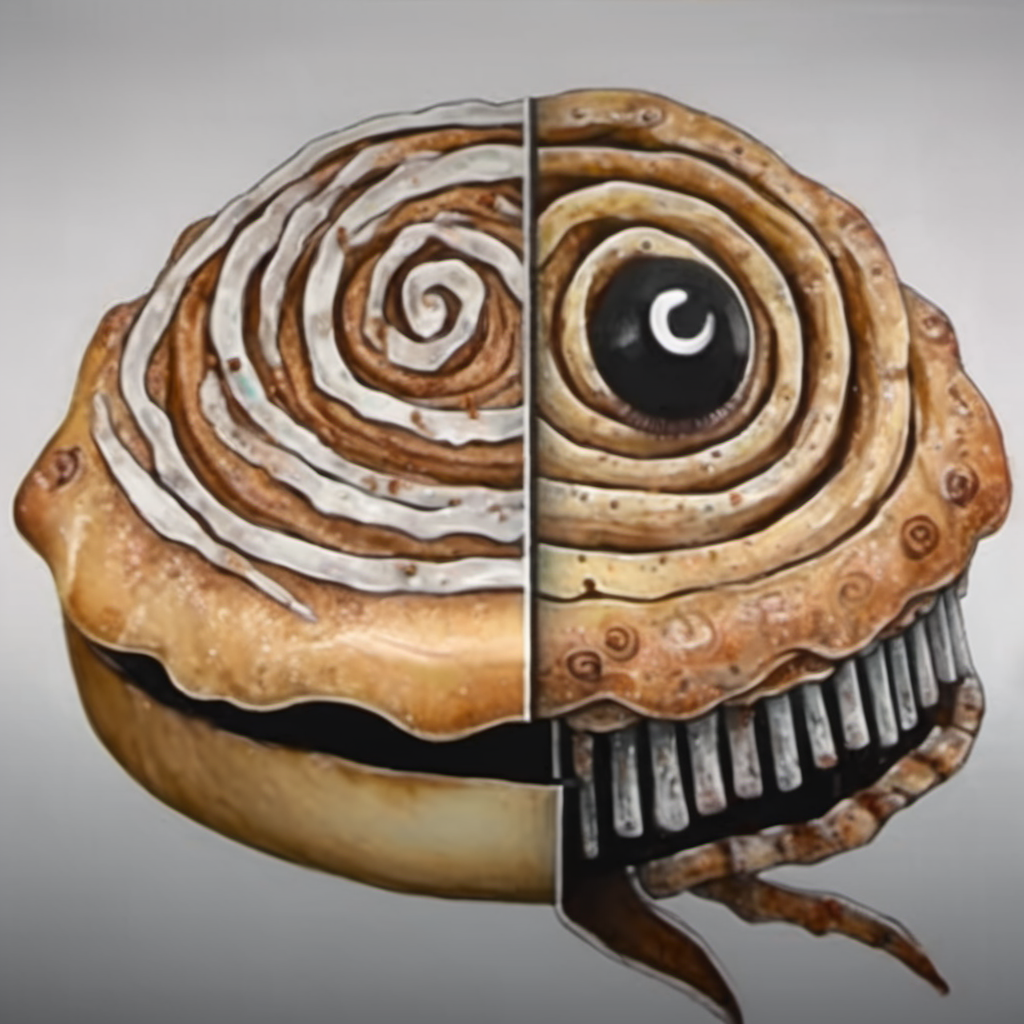 A drawing of a cinnamon roll, in the style of JordanPersegati, (split style drawing), infected, covered in frosting, black eyes, smiling, spirals, rotten, horror, white background  <lora:Jordan_Persegati_Style:1>