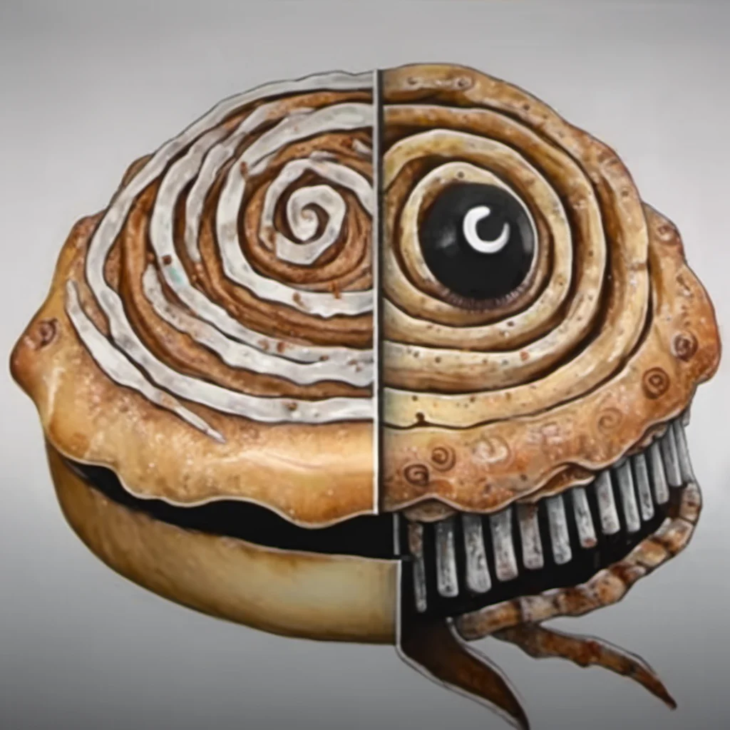 A drawing of a cinnamon roll, in the style of JordanPersegati, (split style drawing), infected, covered in frosting, black eyes, smiling, spirals, rotten, horror, white background <lora:Jordan_Persegati_Style:1>