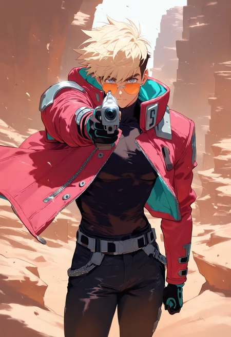 1boy, vash the stampede, trigun stampede, red jacket, sunglasses, gun, hand on own hip, aiming, standing, looking at viewer, upper body, desert, cliff, cowboy shot